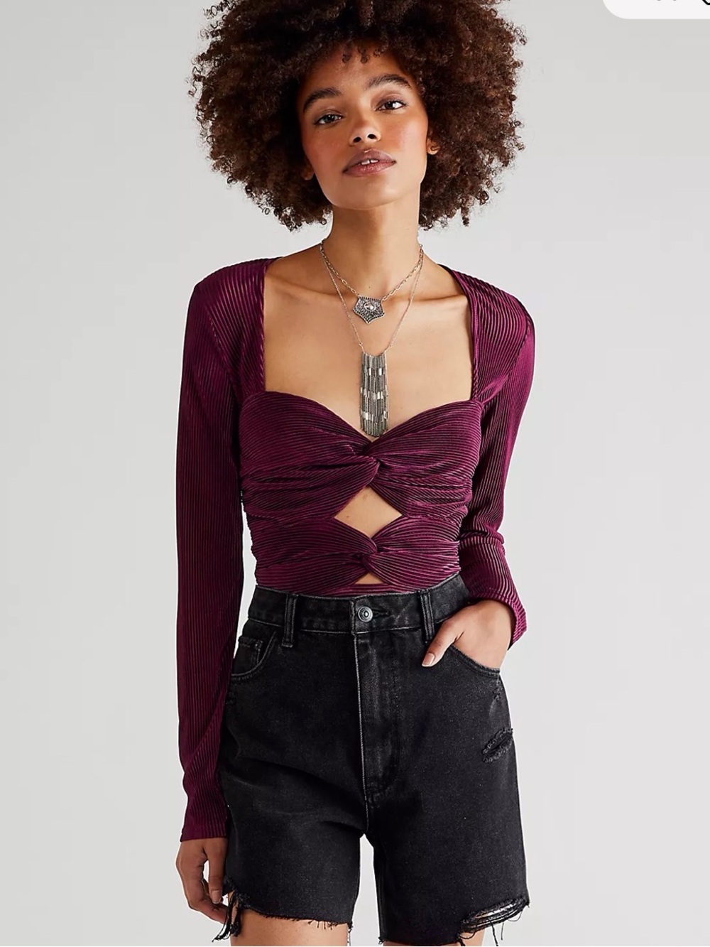 Free People Leah Twist Plissé Top Plum Long Sleeve Twist Knot Boho Small